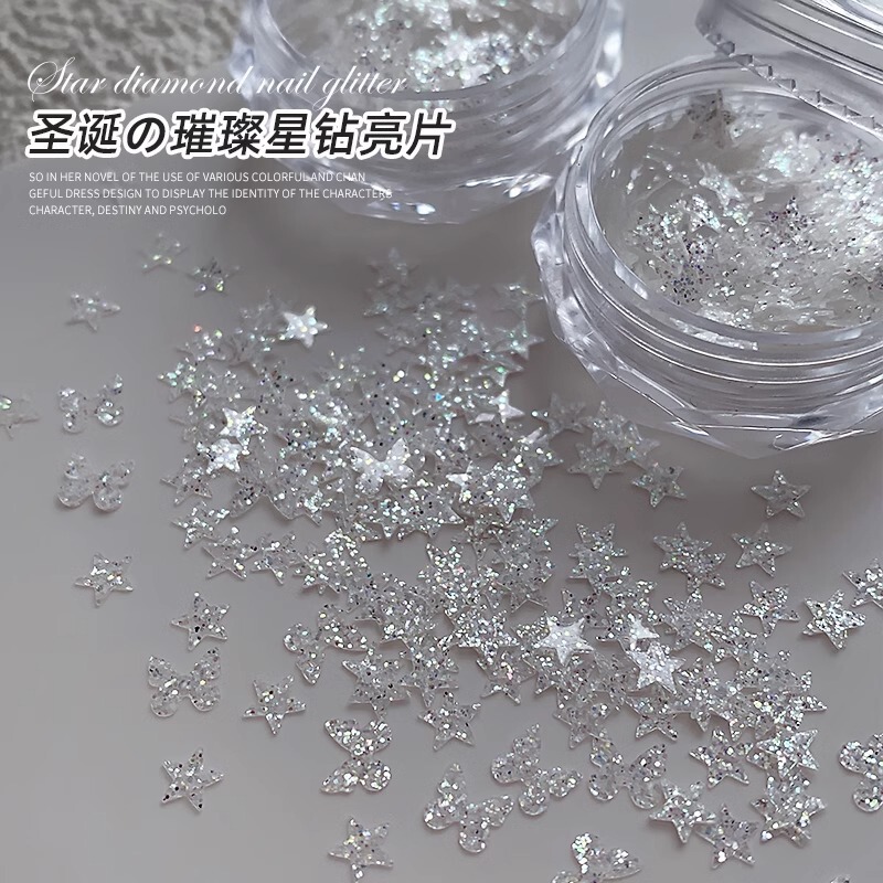 Glitter Nail Art Decorations, Internet-Famous Dazzling Reflective Crushed Diamonds, Sugar, High-End Heart, Butterfly, Star, Christmas Snowflake Decorations