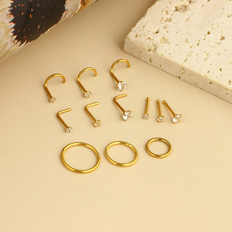 12-Piece Diamond Nose Ring Set Stainless Steel Nose Stud Hoop Combo Piercing Jewelry 18K Gold Plated detail image 8