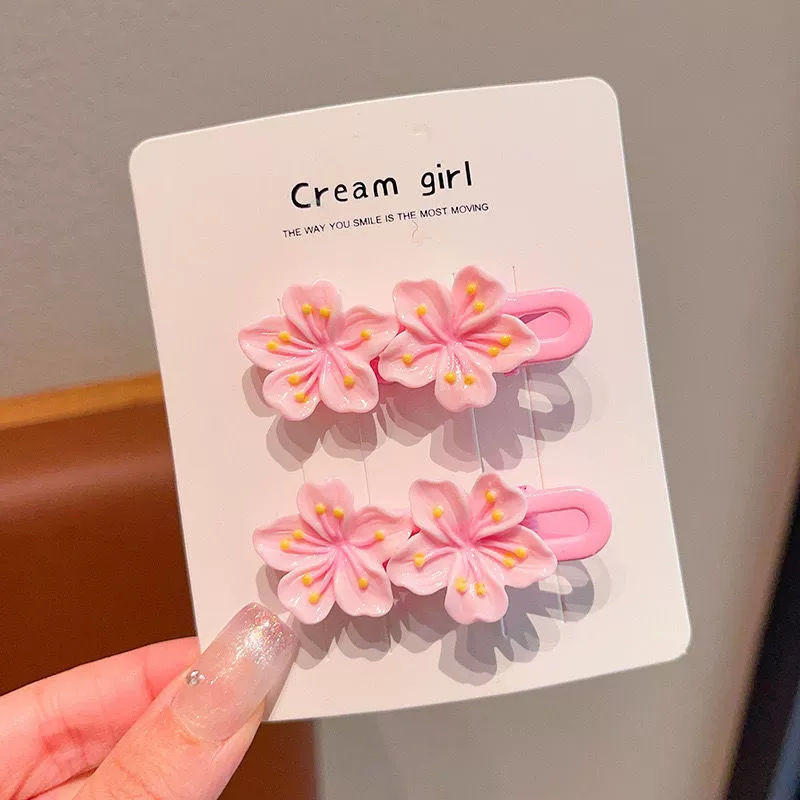 Flower Hair Clips, pink fuchsia set for bangs — assorted clips & elastic bands