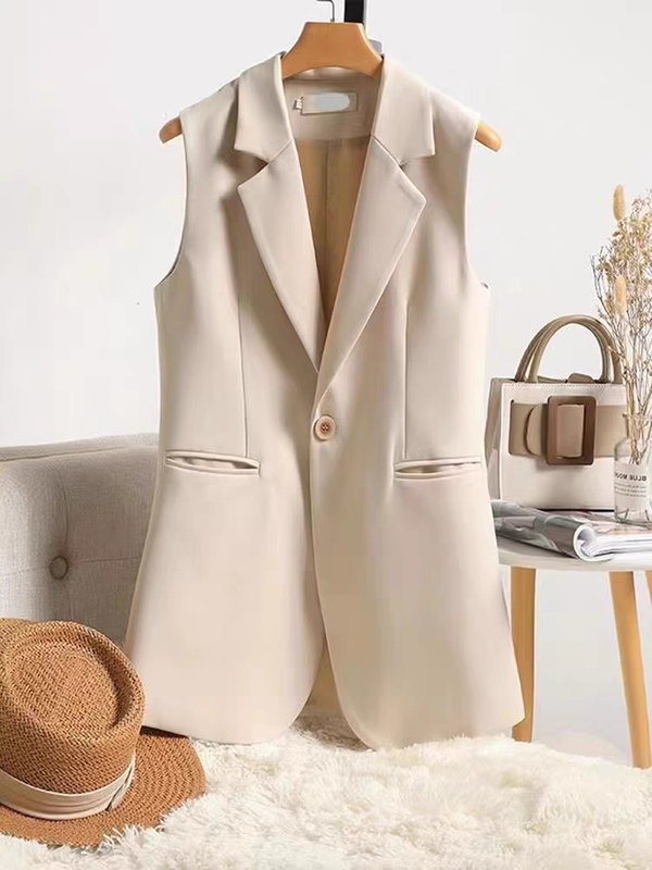 Beige Sleeveless Suit Vest for Women, Loose-Fitting Jacket, 2025 Spring and Autumn Season, High-End Style, Mid-Length Vest