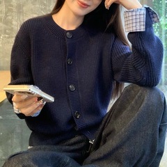韩系假两件衬衫拼接针织开衫女装2025秋冬新款毛衣外套藏青色上衣