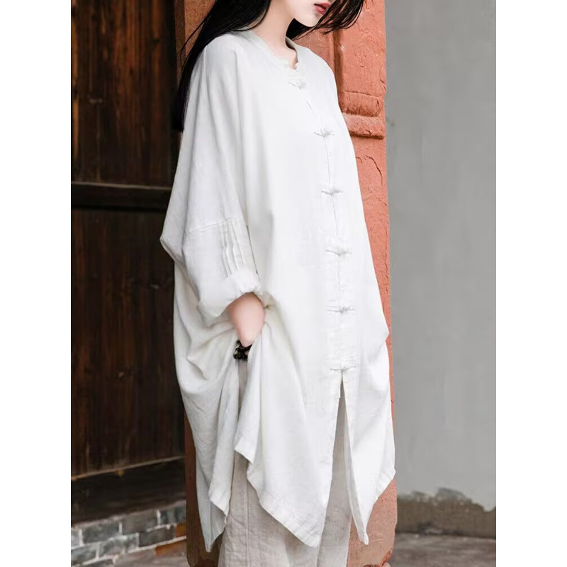 亚麻复古衬衫女2025宽松中长款长袖太极服上衣棉麻衬衣裙|undefined