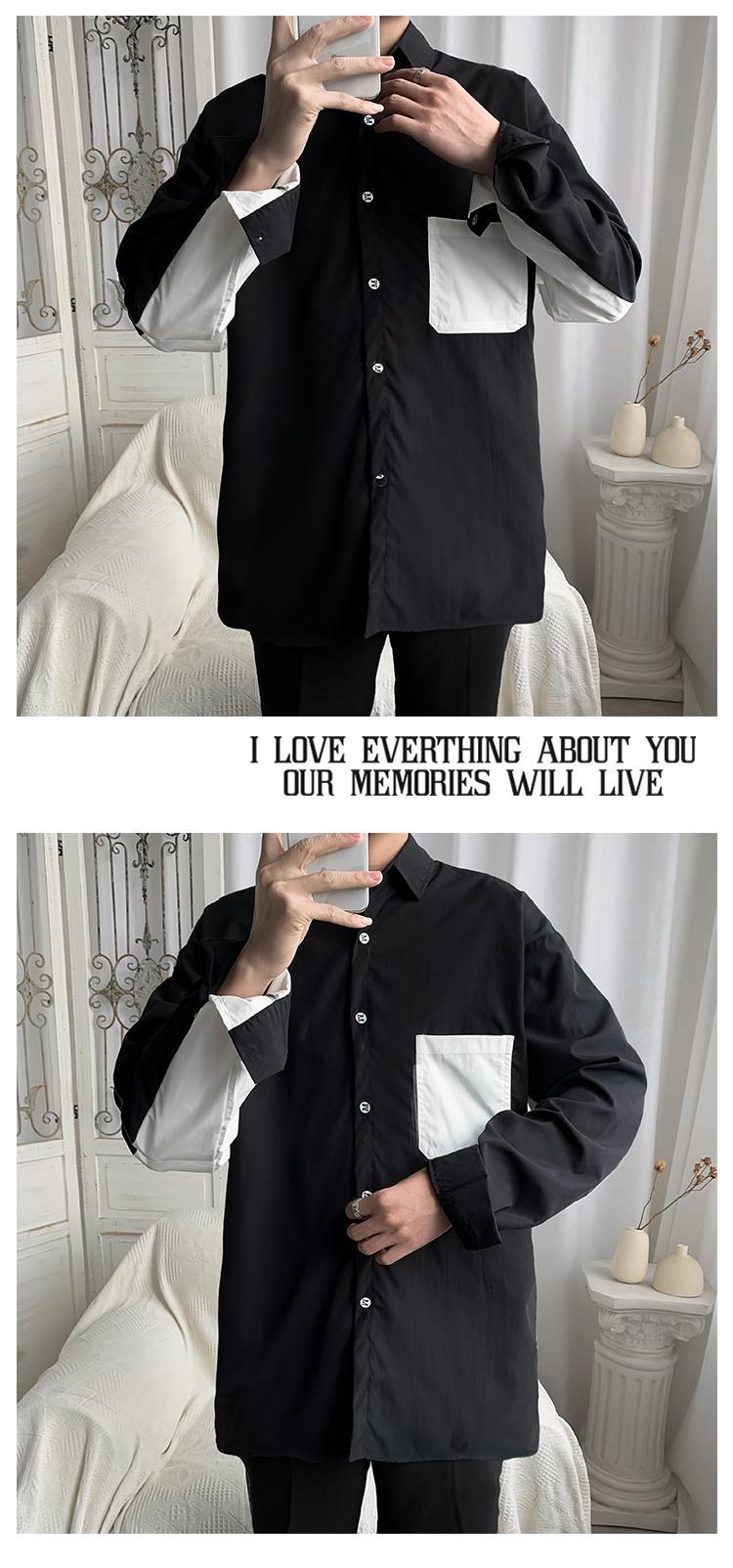 Men's Black And White Patchwork Long Sleeve Casual Shirt Trendy_voghion.com