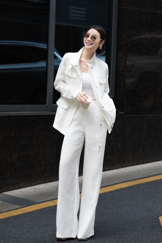 南油2025秋高级感气质亚麻套装女老钱风肌理感工装衬衣长裤两件套|undefined