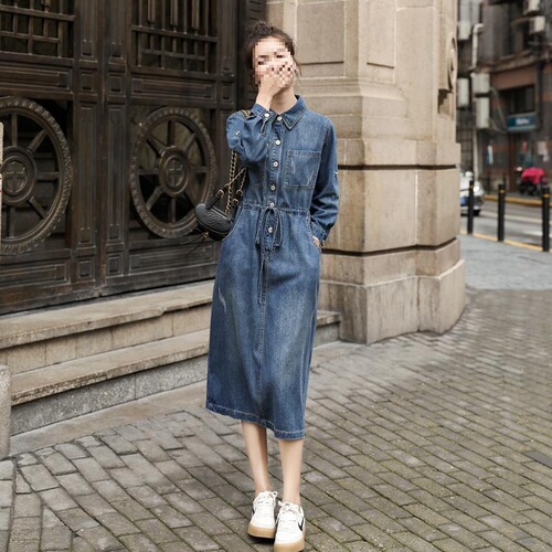 Long-sleeved denim dress, women's mid-long spring and autumn new style, Korean style waist slimming, split denim dress, over the knee