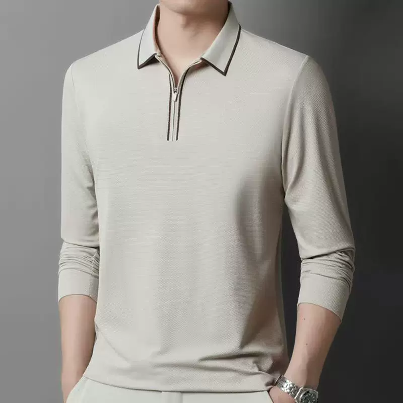 新款男士商务休闲polo长袖衫压胶无痕舒适透气亲肤修身polo长袖衫