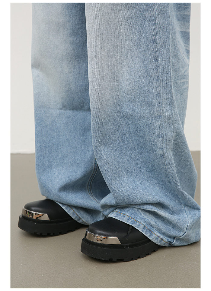 Quần jean nam ống đứng dáng suông rộng, vải denim giặt nước hiệu ứng nếp gấp, phong cách đường phố — Màu xanh lam chi tiết 20