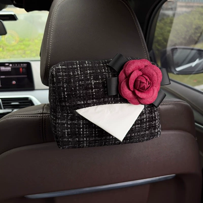 Elegant car tissue box for Car tissue box/set - red-camellia-with-bownew-chanel-style-tissue-box-black