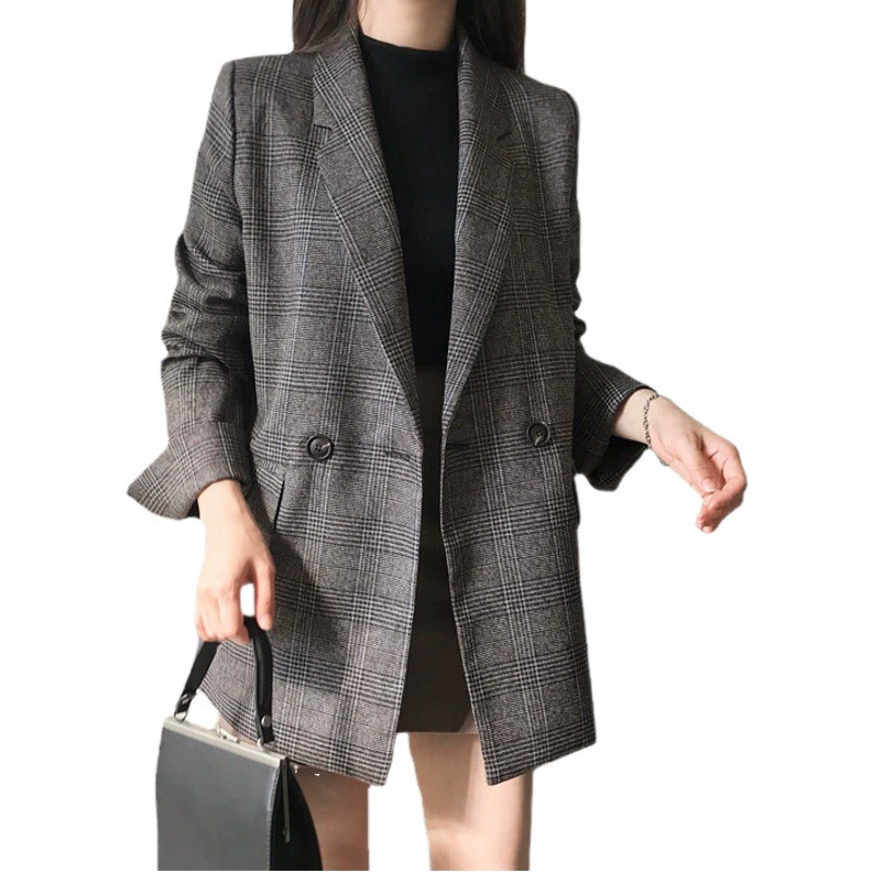 Южная Корея шикарный ранней осени винтажный простой клетчатый кисточкой с двумя пряжками свободный двойной карман с длинным рукавом маленький пиджак для женщин