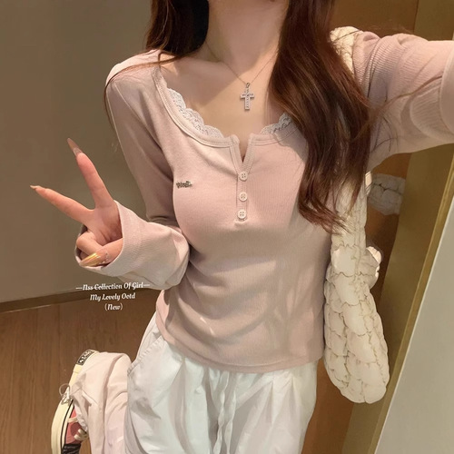 Pure Desire Lace Edge Square Neck Long Sleeve T-Shirt for Women - Early Autumn New Arrival Slim Fit Tank Top - Bm Style Basic Top Shirt