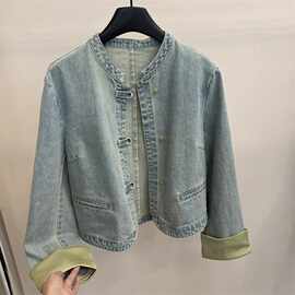 新中式国风盘扣牛仔外套女春季减龄设计感小众立领短款夹克上衣潮