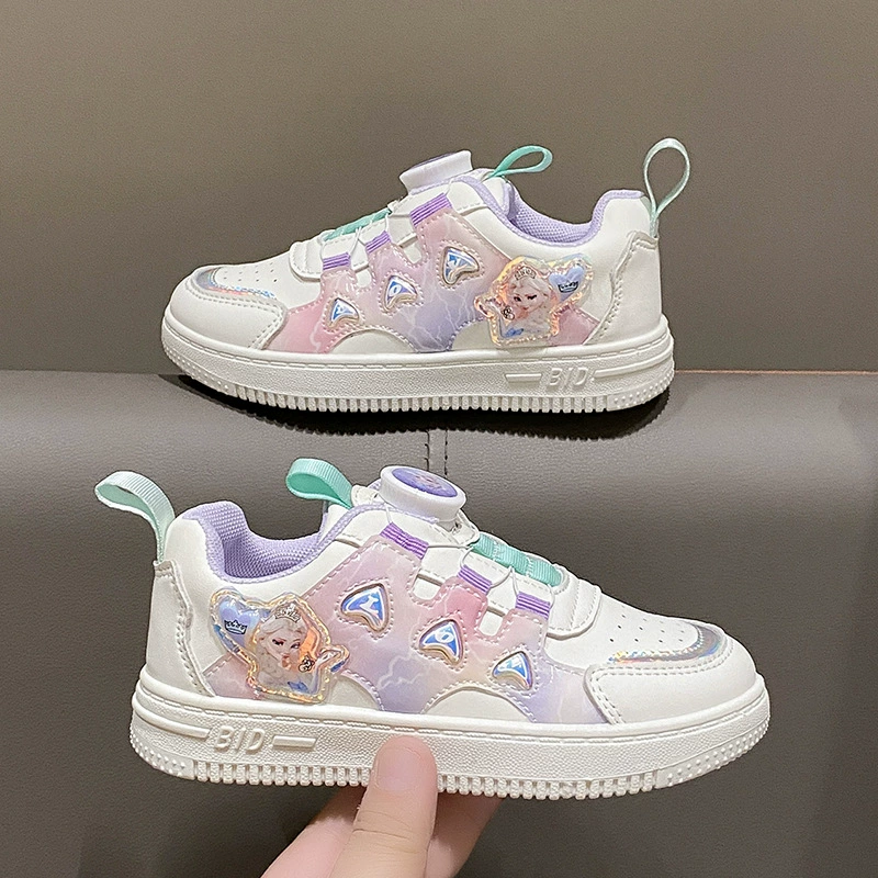 Детские кроссовки с вращающейся кнопкой, весна-осень 2025, новые детские спортивные белые кроссовки, кроссовки принцессы Эльзы из Frozen