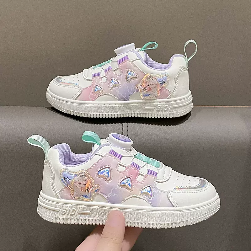 旋转纽扣女童鞋春秋2025新款儿童运动小白鞋冰雪奇缘爱莎公主板鞋