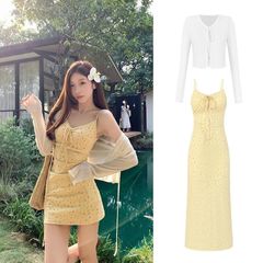 黄色のリボン花柄サスペンダードレス夏のシックで美しい海辺のリゾートスタイルのウエストタイビーチドレス