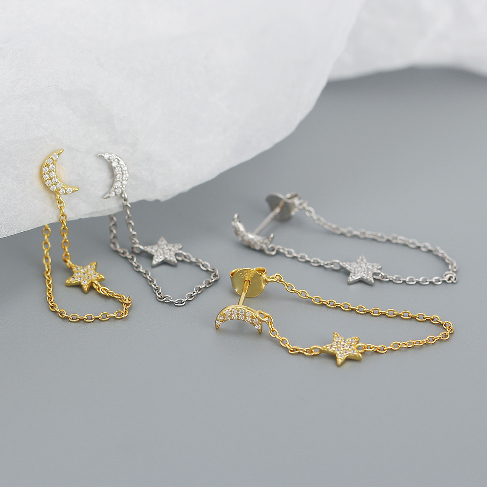 Zircon Inlay Material Earrings, Ear Studs Classification 1 Pair Quantity 1 Pair 925 Sterling Silver Star Moon Zircon Electroplating 18K Real Gold Plated Platinum Plated Earrings Ear Studs