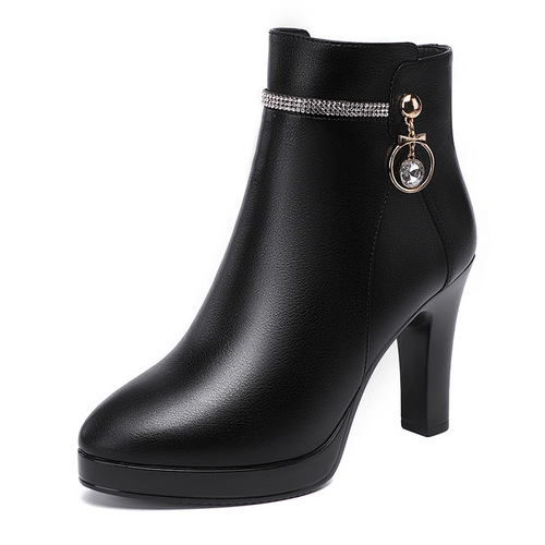 Soft Leather High Heel Short Boots for Women 2025 Winter New Round Toe Conical Heel Black Slimming Fleece Mid-Age Women's Shoes