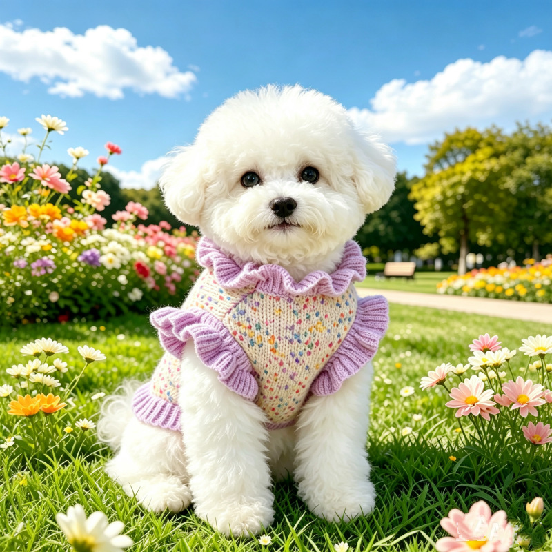 Dog Clothes for Autumn and Winter, Dotted Yarn Sweater with Small Flowers, Small Dog Teddy Bichon Pet Clothing, Cute Apparel Dog Clothes for Autumn and Winter, Dotted Yarn Sweater with Small Flowers, Small Dog Teddy Bichon Pet Clothing, Cute Apparel
