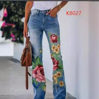 Independent station 2023 cross-border AliExpress ebay European and American large size women's casual pants imitation denim flared pants flower pants