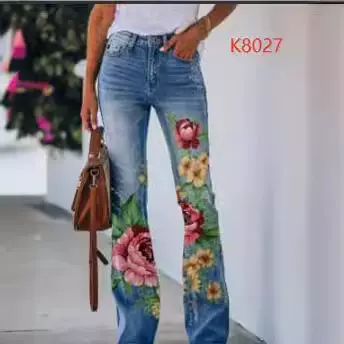 独立站2023跨境速卖通ebay欧美大码女休闲裤仿牛仔喇叭裤花卉裤子
