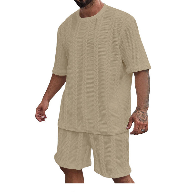 Men's Jacquard Knit Short Sleeve Tee And Shorts Set Solid Color Casual Summer Sport Outfit_viptrois.com