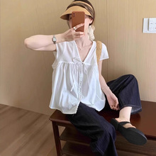 白色V领短袖衬衫女夏季巨好看雪纺甜美娃娃衫法式独特精致小上衣