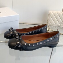 牛皮版～复古方头芭蕾舞鞋女2025 年新款牛仔布铆钉平底单