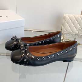 牛皮版～复古方头芭蕾舞鞋女2025 年新款牛仔布铆钉平底单