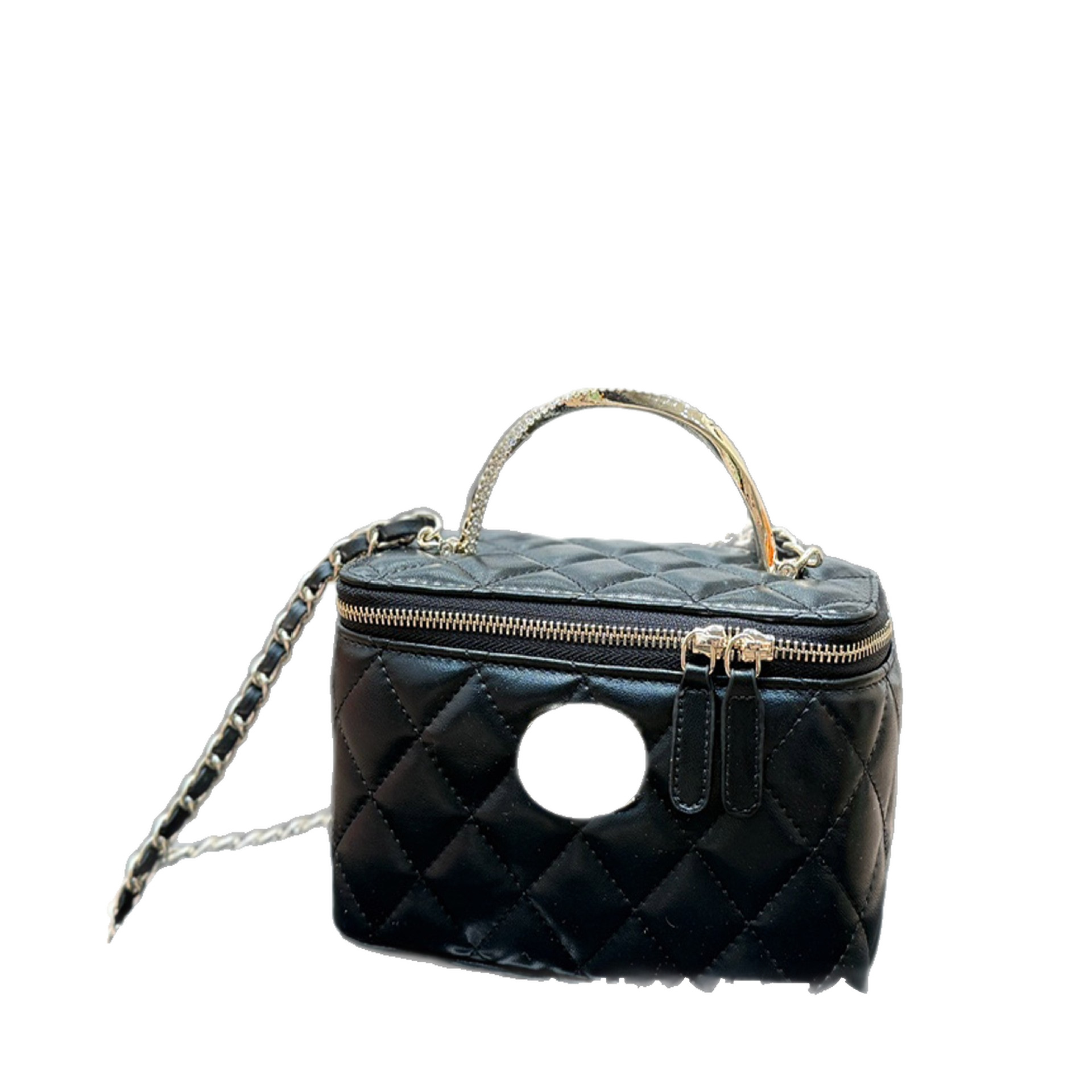 Classic Quilted CF Handle Mini Bag Black & Gold Original Lambskin Women's Genuine Leather Handbag Shoulder Crossbody Square Bag - Thumbnail 5