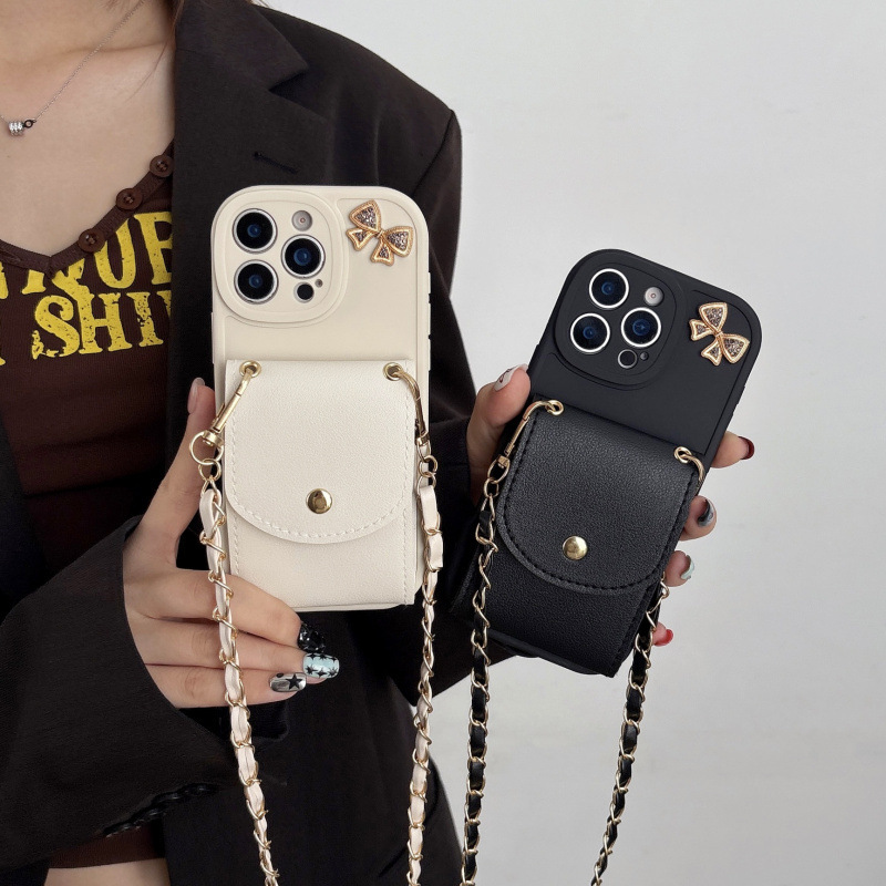 Diagonal Hanging Chain Leather Card Holder Suitable for Iphone17 Mobile Phone Case Apple 16Promax Protective Cover 15/14 Soft