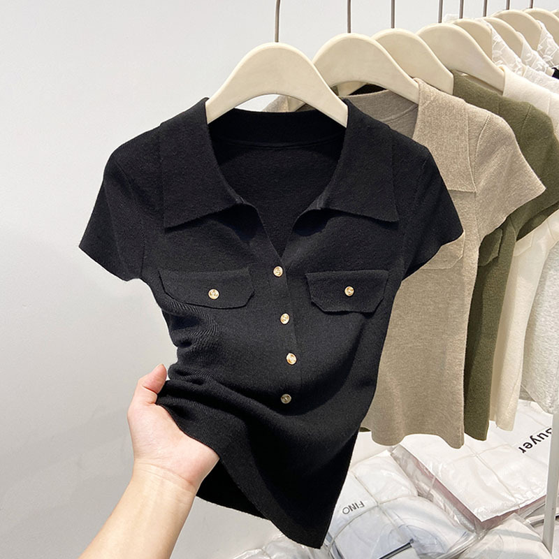 Women's Slim Fit Collared Knit Sweater Short Top Petite Fashionable Summer 2026 New Style Knitted Sweaters_ecoleips.com