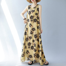 2024夏季新款宽松简约波西米亚长裙女加肥加大无袖圆领印花连衣裙