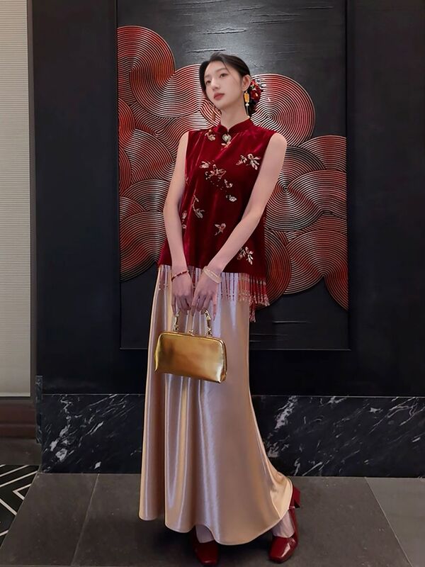秋季新中式国风套装女红色刺绣流苏高端马甲时尚气质半身裙 N9024|undefined