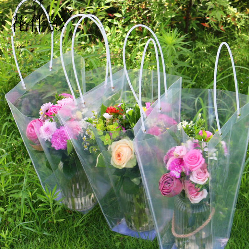情人节透明手提袋 梯形花袋鲜花手拎花束袋 花盒花艺插花礼品袋
