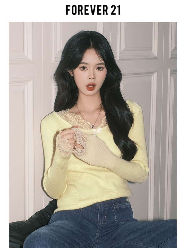 Forever21纯欲杏色蕾丝拼接V领上衣女秋冬法式打底长袖修身针织衫|undefined