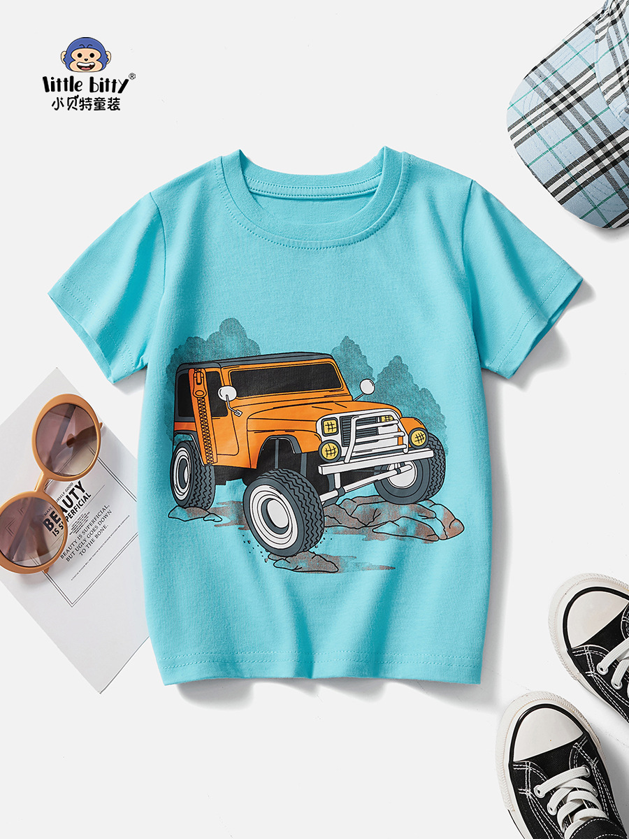 European and American children's short sleeve 2025 summer new boys blue T-shirt cartoon car pattern half sleeve factory wholesale