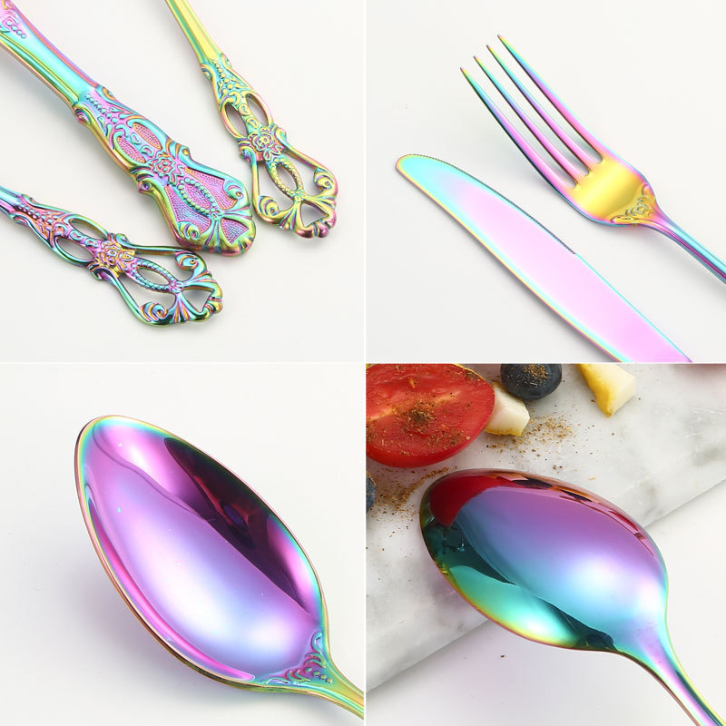 Vajilla de acero inoxidable de Amazon en relieve Royal Court 4 porciones hotel bistec cuchillo tenedor cuchara juego de regalo de 24 piezas