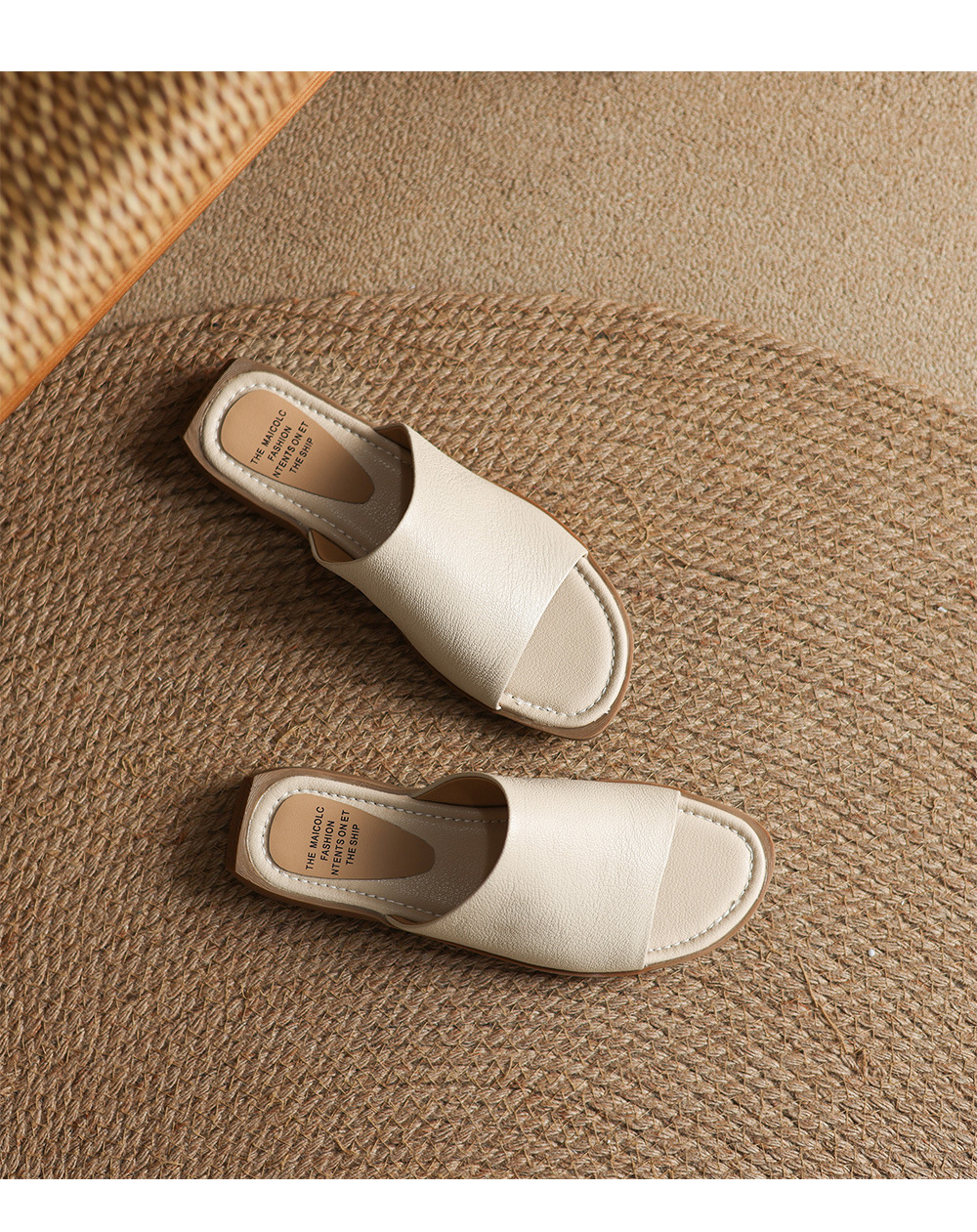 Sandal hở mũi nữ gót thấp da dê mũi vuông quai ngang — màu nâu chi tiết 18