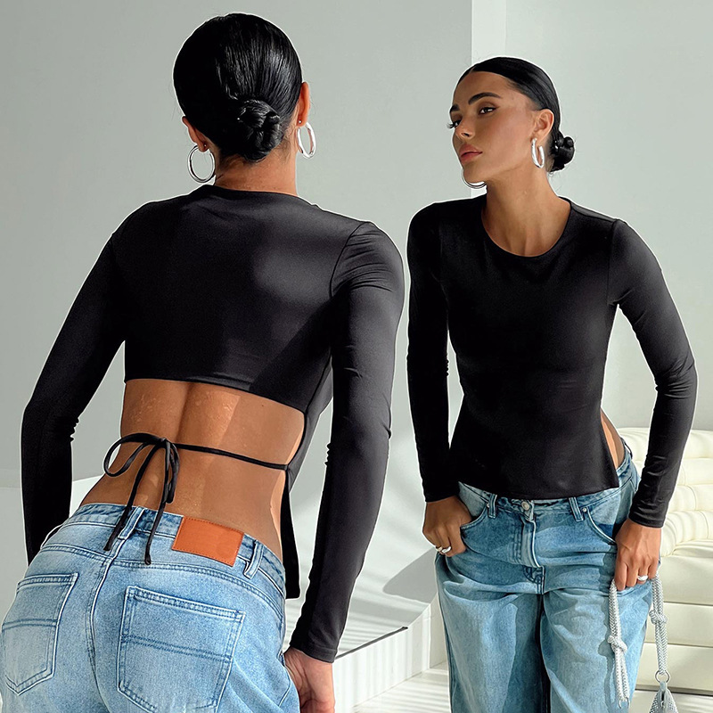 European and American Foreign Trade Spring and Autumn New INS Niche Long Sleeve T-Shirt Front Long Rear Short Strap Slim Fit Base Shirt Street Shirt