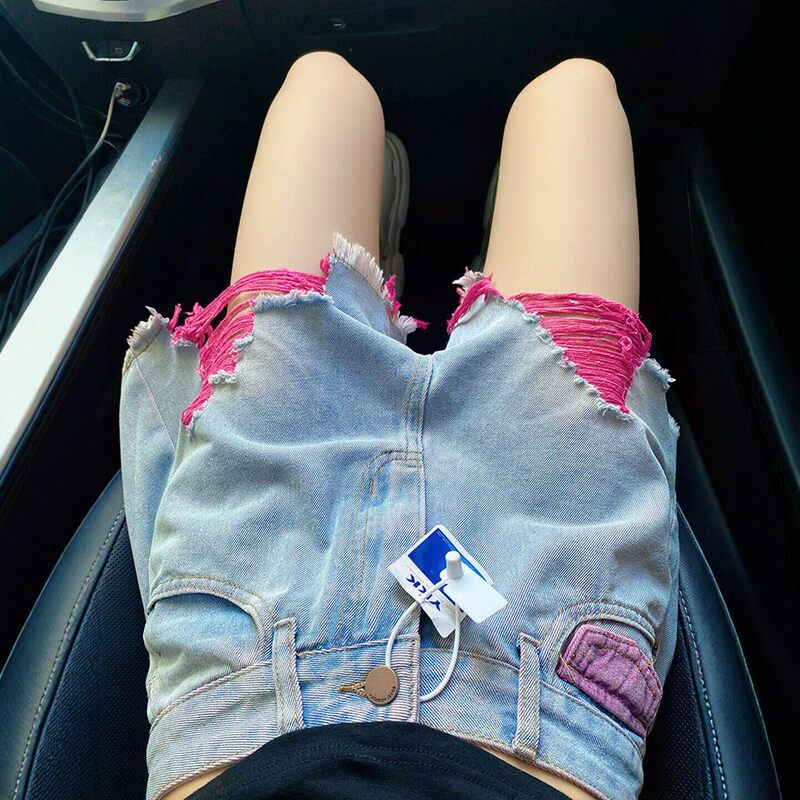 High Street Color-Blocked Ripped Denim Shorts for Women, Summer New Style, Plus Size, High-Waisted, Slimming A-Line Wide-Leg Hot Pants, Trendy