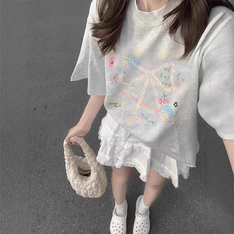 plus size Women's melange gray Shoulder Bow Short-sleeved T-shirt Women's Summer New Unique Chic Pure Cotton Top Trendy