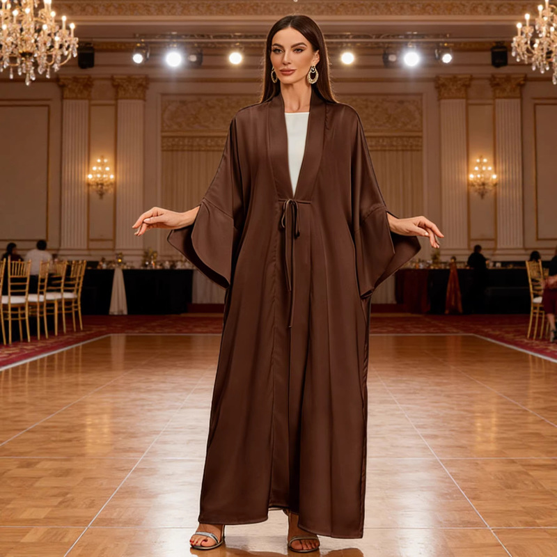 2026 Spring/Summer New Fashion Robe with Elegant Tie, Cardigan Long Dress with Slit Sleeve Design, Solid Color