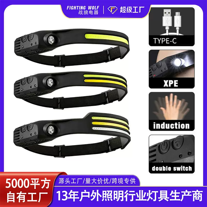 硅胶头灯LED迷你多功能挥手感应头戴灯COB户外钓鱼强光远近光头灯