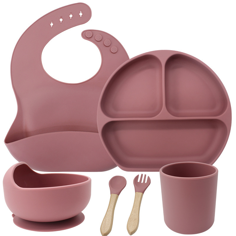 Conjunto de cubiertos de silicona para niños de grado alimenticio, platos de comedor de tres compartimentos, tazas de agua de silicona para bebés, tazas de silicona para estudiantes
