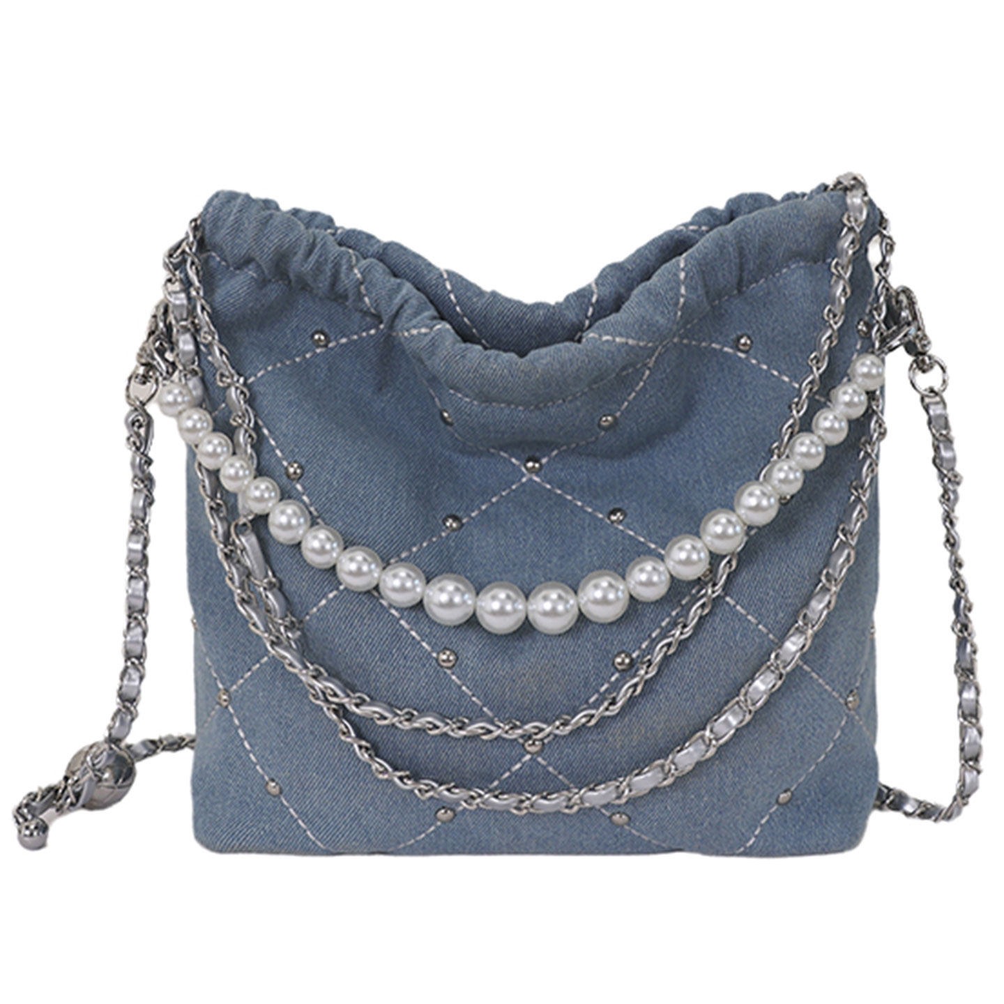 Casual mochila sensación jeans 2026 verano un solo hombro cubo nueva bolsa de mujer de viaje cadena de diamantes