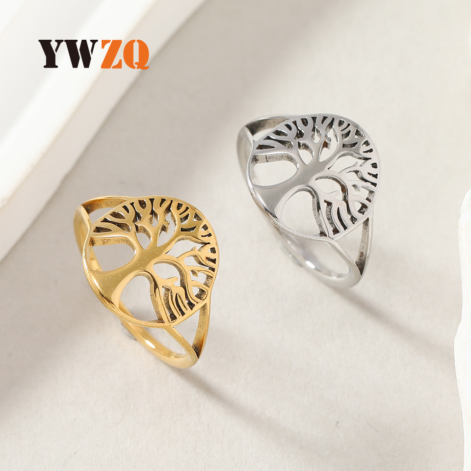 Suministro transfronterizo europeo y americano anillo de acero de titanio personalidad creativa hueco vida árbol pareja anillo de moda joyería fábrica image 1