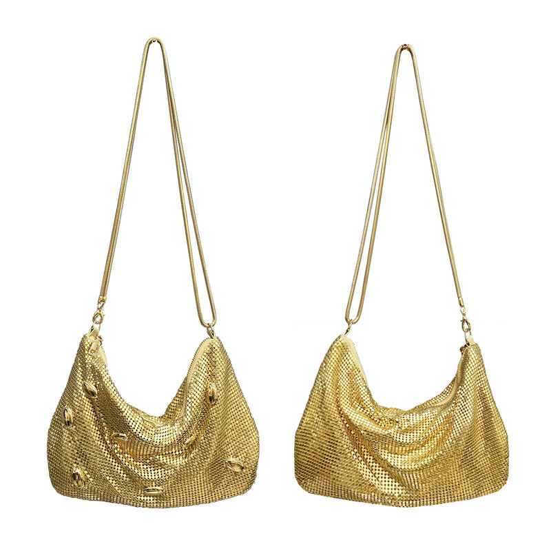 Cross-Border New Za Same Style Golden Aluminum Underarm Evening Bag Niche Design with Zipper Women's Shoulder Crescent Bag