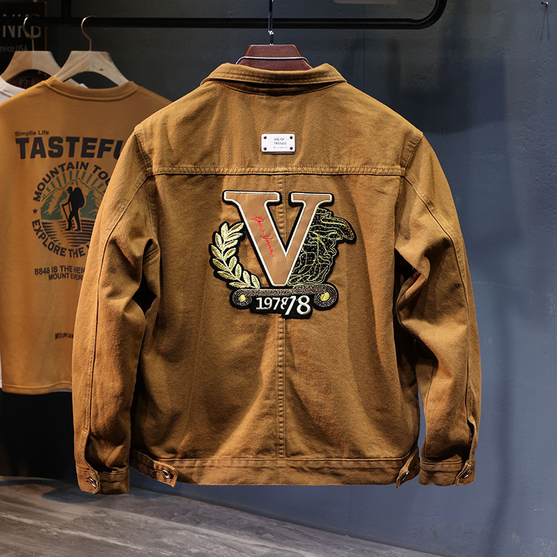 V-embroidered denim jacket men's spring and autumn high-end 2024 new washed lapel men's tooling jacket trend JK5_voghion.com