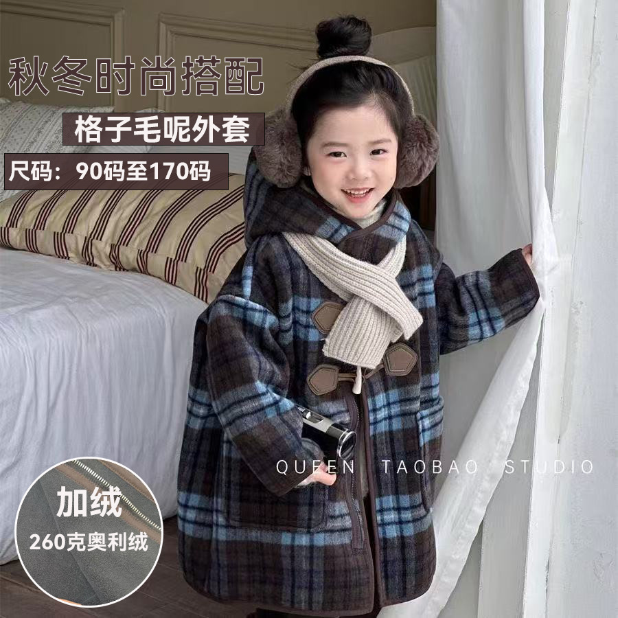 韩国女童加绒连帽格子呢大衣2025冬季新品宝宝洋气长款一体绒外套