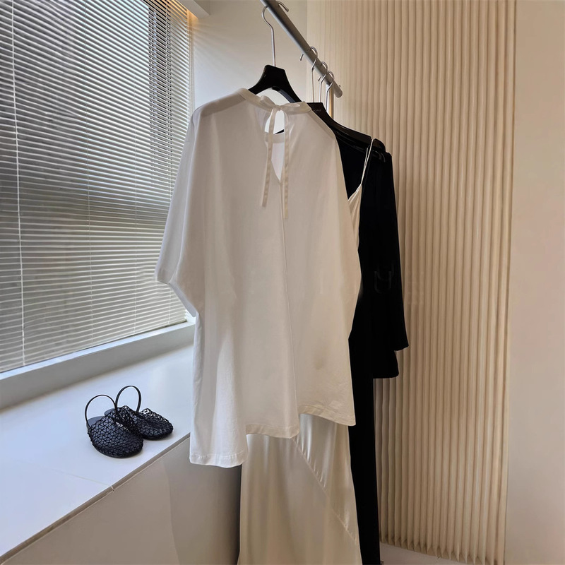 Back Scenery Casual Lazy Large Profile Back Lace-Up Strap White Cotton Lace-Up Half Sleeve T-Shirt