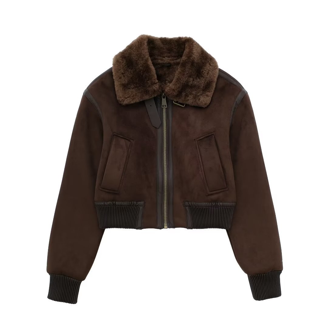 Vêtements pour femmes veste chaude en fourrure marron une pièce pour femmes 2023 automne et hiver fille chaude style moto veste à revers haut_voghion.com